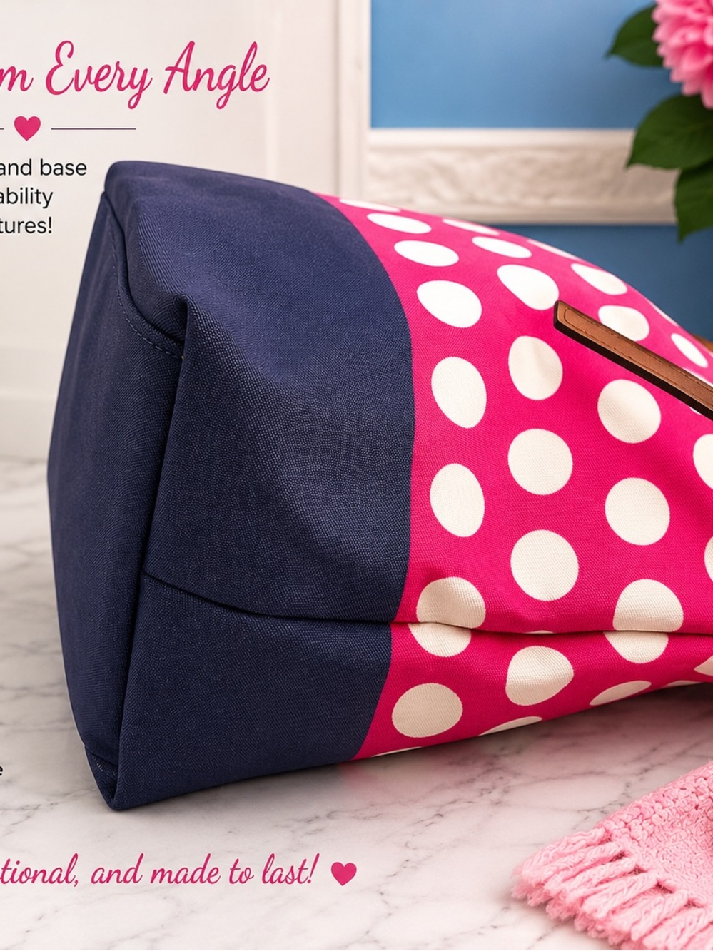 Dooney & Bourke Pink Polka Dot, & Blue Tote with Brown Handles (Rock The Dots) - Picture 4 of 7